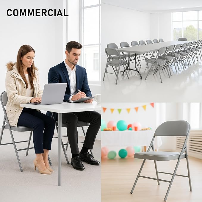 SEALAMB 30 Pack Grey Folding Chairs with Padded Seats & Cushion, Durable Metal Foldable Chairs for Wedding Party, Commercial Chairs for Office School Church Events, 330lb Capacity (Grey-PU, 30 Pack)