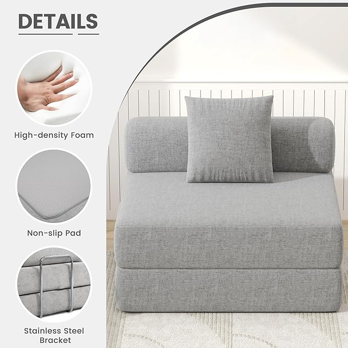 DURASPACE Folding Sleeper Sofa Bed Convertible Foam Floor Mattress Couch, Single Boneless Fold Out Lounger Chair Bed for Living Room Bedroom (Chenille Gray)