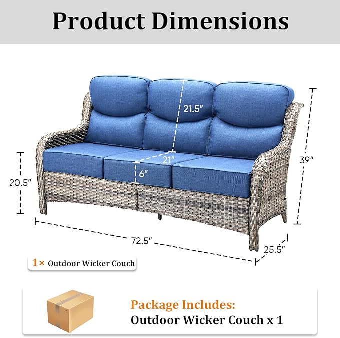 Pugire 71'' Patio Couch Outdoor Wicker Sofa, Heavy Duty All-Weather Rattan 3-Seater Sofa with Deep Seating and Removable Cover, Outdoor Patio Furniture for Deck Porch Sunroom Backyard Grey/Blue