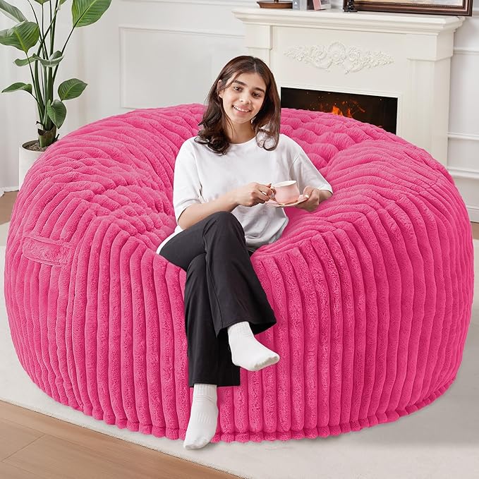 Homguava 6 FT Bean Bag Chair,6' Big Bean Bag,Giant Bean Bag Chairs for Adults with Memory Foam Filled,Comfy Large Beanbag Chairs Soft Bean Bag Sofa with Dutch Corded Plush Cover-Pink