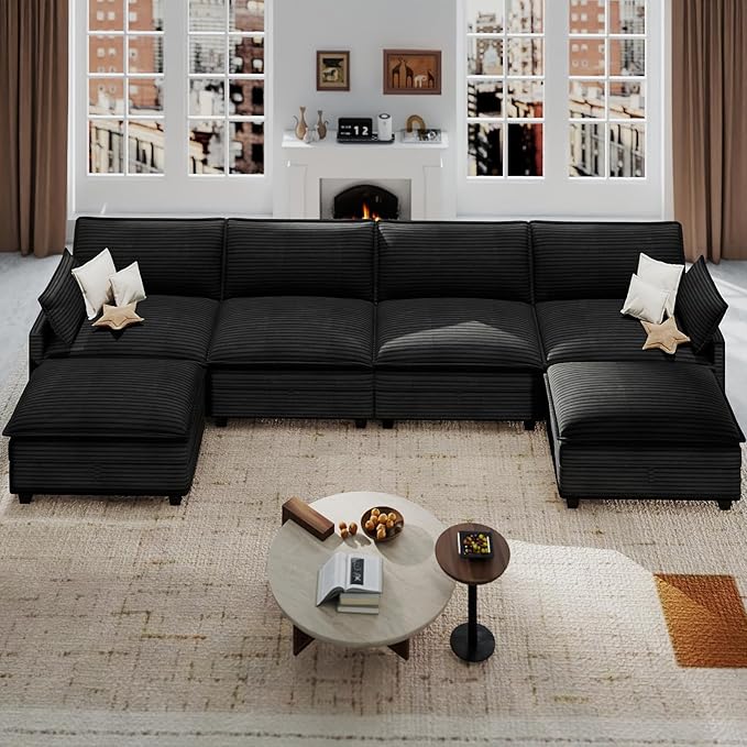 Modular Sectional U Shaped Sofa Couches with Storage Ottoman, Cloud Couch for Living Room, Comfy Sofa with Pillow, Dark Black