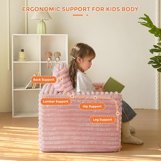 MAXYOYO Kids Bean Bag Chair, Comfy Faux Fur Bean Bag Sofa with Filler, Upholstered Floor Sofa with Pillows and Armrests, Lazy Floor Chair Couch for Boys and Girls, Pink