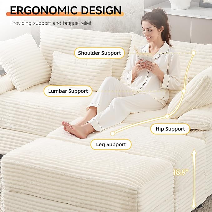 75" Corduroy Loveseat with Storage Ottoman, Cloud Deep Seat Couch with Convertible Ottoman Coffee Table & USB, Double Chaise Lounge for Living Room, Beige