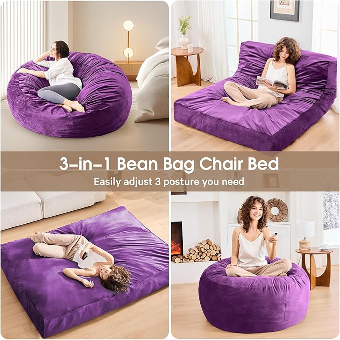 Bean Bag Chairs for Adults - Giant Bean Bag Chair Convertible Bean Bag Bed - Beanbag Chair with Micro Fiber Cover/Furniture Foam Filler - Floor Couch Sofa in Bedroom Dorm Room - Full Purple