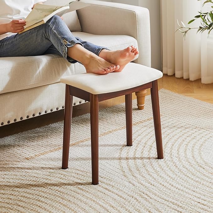 IBUYKE Saddle Cushion Vanity Stool Chair, Foot Rest Stool with Solid Wood Legs, Modern Vanity Bench Ottoman for Piano, Upholstered Seat for Bedroom, Entryway, Walnut Legs&Off White WBD007HM