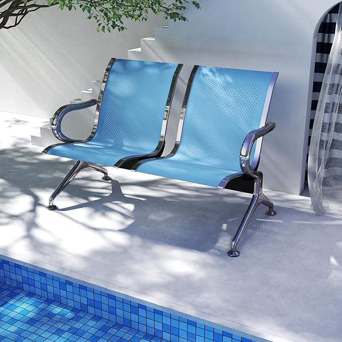 Kinfant 2-Seat Waiting Room Chair - Office Guest Reception Chairs with Ergonomic Backrests, Airport Waiting Bench with Armrests, Metal Waiting Furniture for Hospital, Bank, Salon, Blue