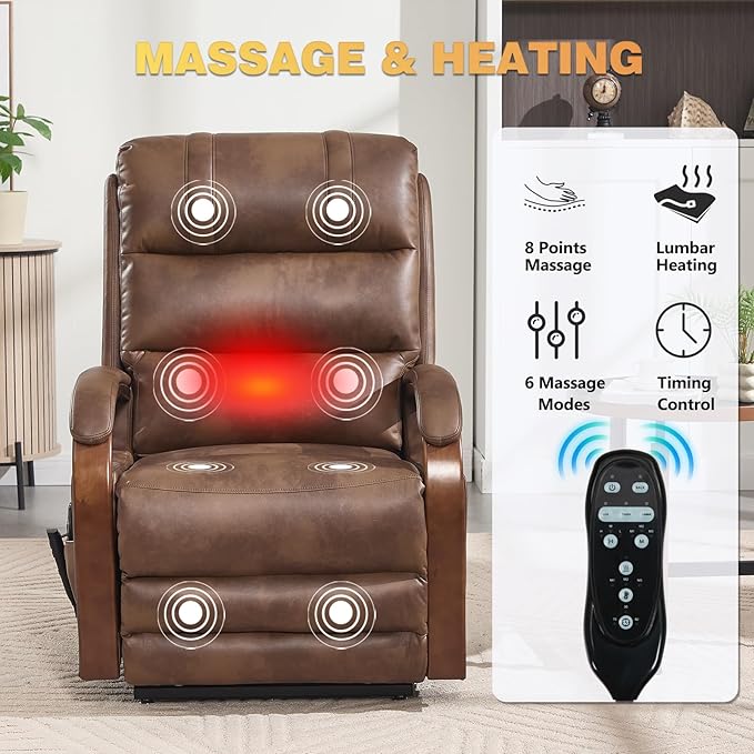 Dual Motor Power Lift Recliner Chair, Lift Chair with Massage and Heat for Elderly, Lay Flat Recliner, Standing Assistance, Infinite Position Reclining, Living Room Chair, Faux Leather, Brown