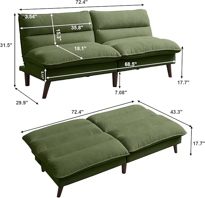 Futon Sofa Bed, 72" Small Couches for Small Spaces, Folding Love Seat Couch with Adjustable Back, Convertible Upholstered Sleeper Sofas for Living Room, Office, Apartment