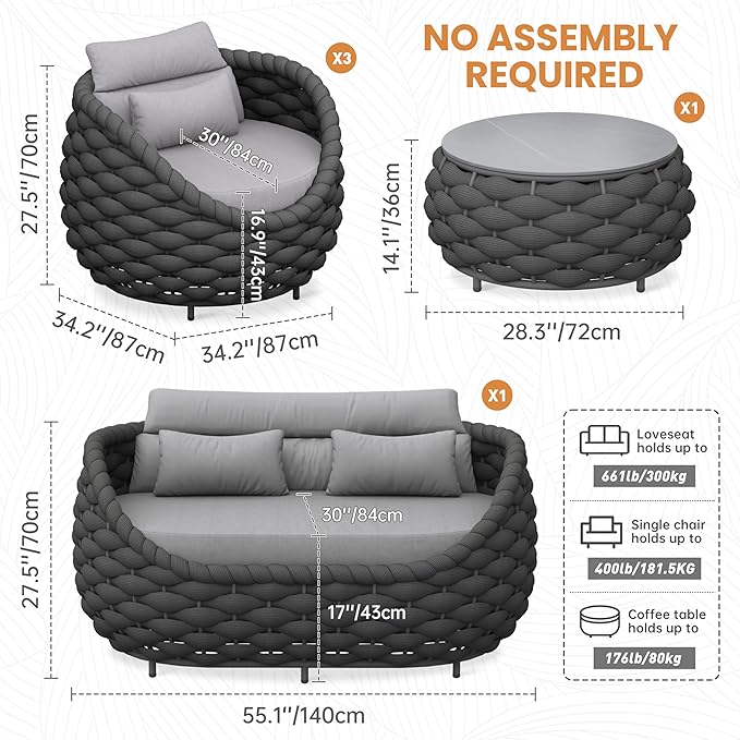 Erotr 4-Piece Alumunim Outdoor Seating Set: All-Weather Patio Accent Furniture Sofa Set, Hand Woven Rope, No Assembly, Modern Garden Lounge Conversation Set for Backyard Deck Porch Poolside Hotel