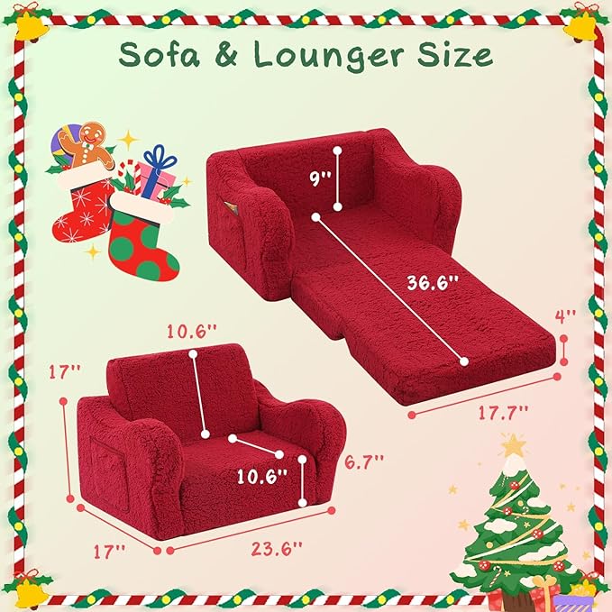 Kids Sofa, 2-in-1 Flip-Out Foam Couch with Soft Sherpa Cover, Cozy Play Lounge Chair, Red