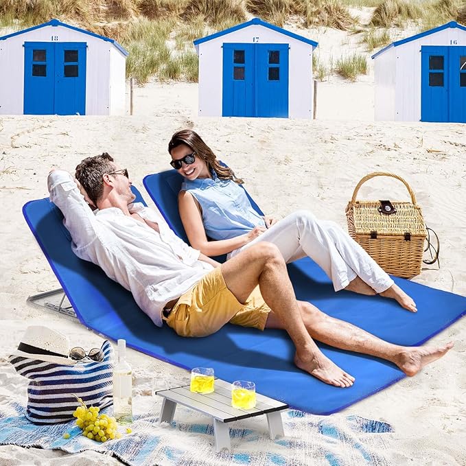 Nightcore 3-Piece Beach Chairs Set for Adults, Adjustable Lawn Chair with Side Table for Outdoor Relaxing & Sun Tanning, Portable & Folding Recline Chaise Lounge for Beach, Patio, Camping (Blue)