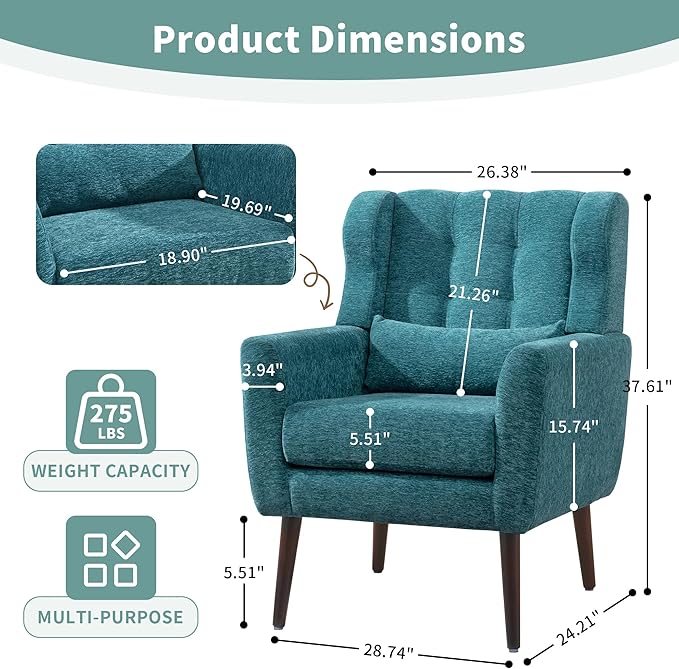 CHSICFOR Modern Accent Chair, Upholstered Arm Chair with Waist Pillow, Single Sofa Chair for Living Room Bedroom Small Spaces (Teal)