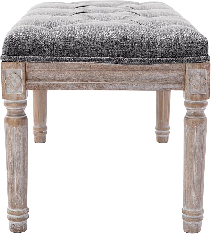 DM Furniture Ottoman Bench Upholstered Fabric Rectangle Entryway Bench, Tufted Piano Bench for 2 People, Rubber Wood Legs with Beautiful Carved Pattern for Bedroom/Living Room/Dining Room (Grey)