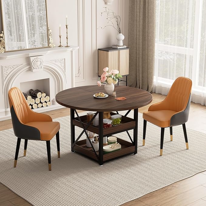 Round Dining Table with Storage for 4, Modern Kitchen Table for Small Space, Space Saving Dining Table for Dining Room, Apartment, or Breakfast Nook (Walnut - Table Only)