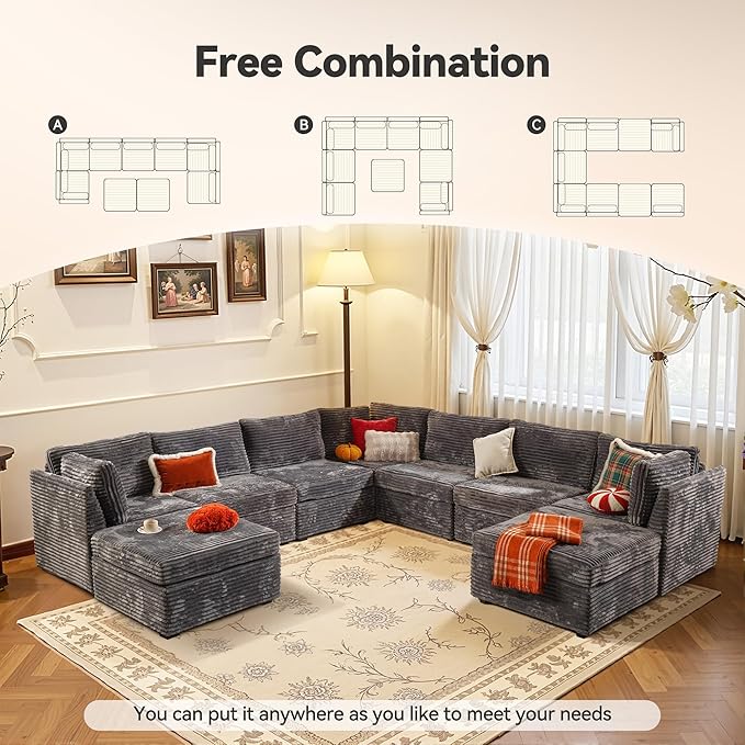 CAODOC Large 9 Seat Modular Sectional Sofa with Ottoman Seat Corduroy Sleeper Sectional Sofa Bed Oversized Convertible Modular Couch for Living Room