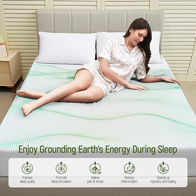 Grounding Sheets Queen Deep Pocket 10% Silver Fiber and 90% Organic Cotton, Fitted Earth Grounded Bed Sheets Bed Grounding Kit for Improved Sleep (White, Queen - 60"x80"x16")