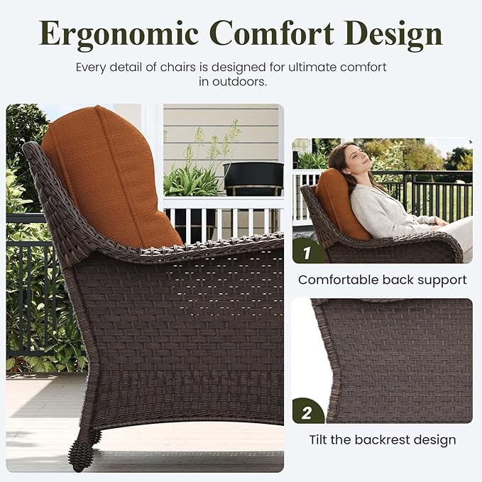 LayinSun 7 Piece Wicker Outdoor Furniture Set with 6-inch Comfy Cushions, High Back Patio Furniture Set with Rattan Armchairs and Fire Pit Table