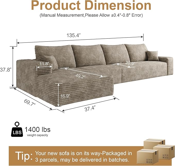 AUGOP 136" Sectional Couches for Living Room Modern Modular Sofa with L-Shape Couchs Upholstered Boneless Couch Deep Seat Sectional Couch with Chaise (Camel, Left Facing Chaise+3Seaters)