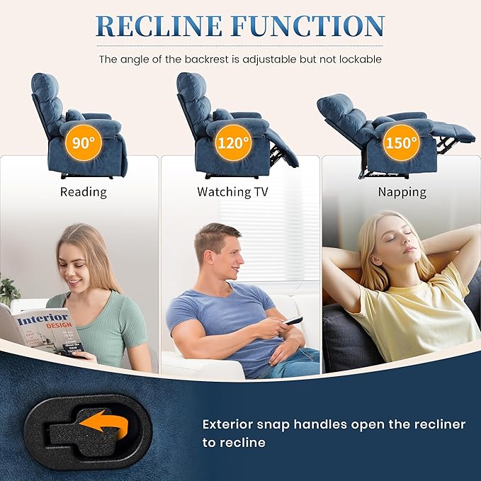 Oversized Recliner Chair Extra Wide Large Recliner for Adults 350lbs with Lumbar Support Pillow Nursery Chair Living Room (Manual, Blue-6002)