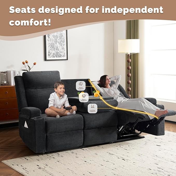 PALLOME Chenille Reclining Sofa 3-Seater with Convertible Table, Storage Ottoman & Cup Holders | Modern Space-Saving Couch, Ergonomic Living Room Furniture (Black)