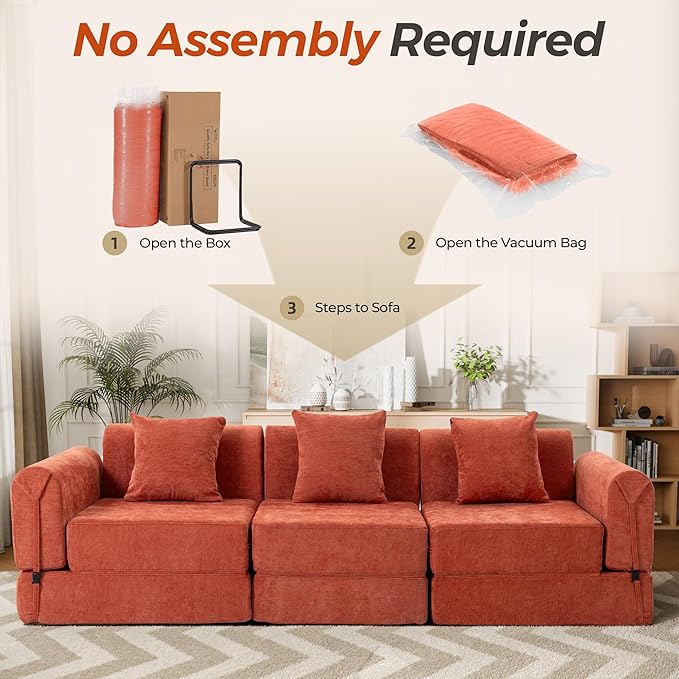 100" Oversized Convertible Sleeper Sofa Bed, Modular Sectional Cloud Sofa with Fixed-Shape Frame & Tabletop, Boneless Couch with Storage Pocket for Living Room, No Assembly Required, Orange