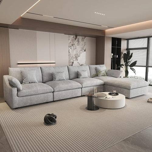 156" Cloud Couch Modular Sectional Sofa with Ottoman,L Shaped Down Filled Couch,Convertible Sofa,Cover Washable and Replaceable Couches for Living Room,Gray