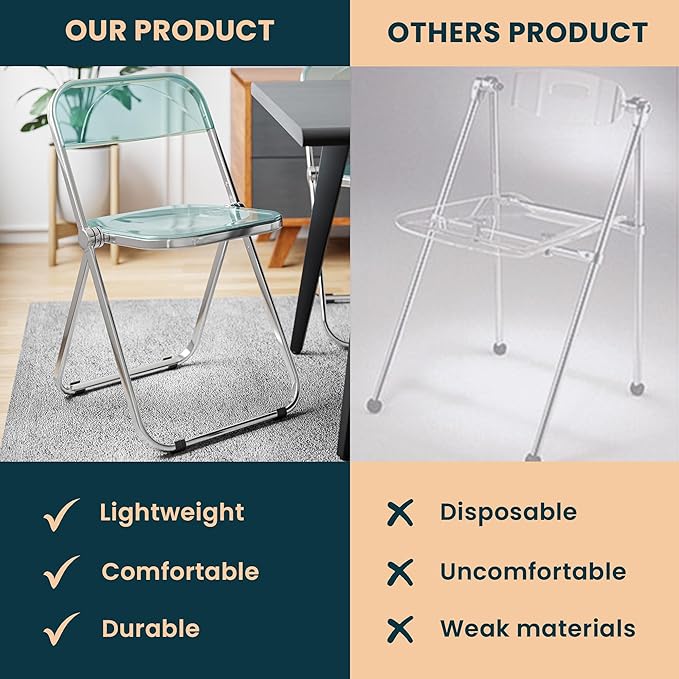 LeisureMod Lawrence Modern Clear Acrylic Folding Chair with Metal Frame, Space-Saving Transparent Seating for Dining Room, Home Office, Bedroom, Vanity or Small Spaces, (Jade Green, Set of 2)