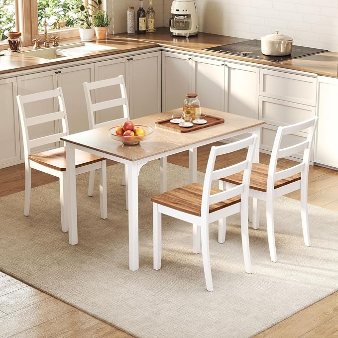 Giantex Dining Chairs, Wooden Armless Kitchen Chairs with Solid Rubber Wood Legs, Farmhouse Ladder Back Dining Chairs for Dining Room (4, White+Brown)