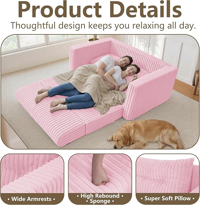 HABUTWAY Folding Sofa Bed, 2 in 1 Convertible Sleeper Chair with Pillow, Portable Fold Out Chair Bed with Armrest, Comfy Floor Couch, Lazy Sofa for Living Room Bedroom Dorm Home Office, Pink