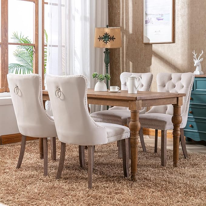 YeahFurn Beige Mid Century Modern Dining Chairs Set of 6, Velvet Upholstered Kitchen & Dining Room Chairs with Nailhead Trim & Solid Wood Legs, Elegant Sillas De Comedor (Beige, 6 Pcs)