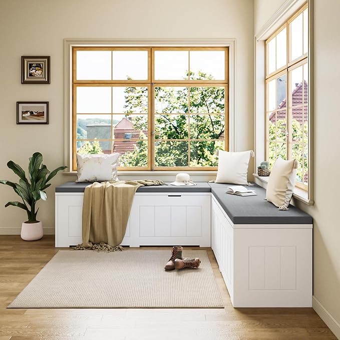 L-Shaped Corner Storage Bench Compartments & Cushioned Seat, Kitchen Breakfast Nook Bench with Hidden Storage, Wood Flip-Top Shoe Benches for Entryway Cloakroom, White & Grey