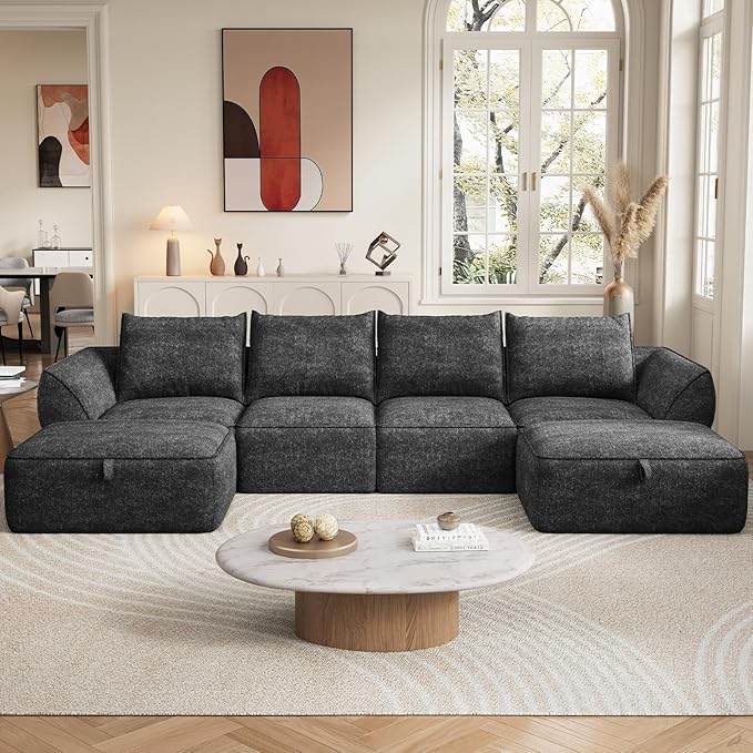 132" Modular Sectional Sofa with Deep Seat, U-Shaped Cloud Couch for Living Room, 4-Seater Boneless Sofa with 2 Ottomans, Flexible Combination Modern Upholstery Sofa, No Assembly Required, Dark Gray
