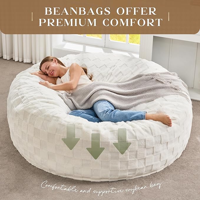 Hobestluk Bean Bag Chairs Beanbag Chair with Filler Adult Bean Bags with Fluffy Cover, Giant Bean Bag Chairs for Aduts for Living Room, Bedroom (White, 6FT - 70" x 70" x 15")