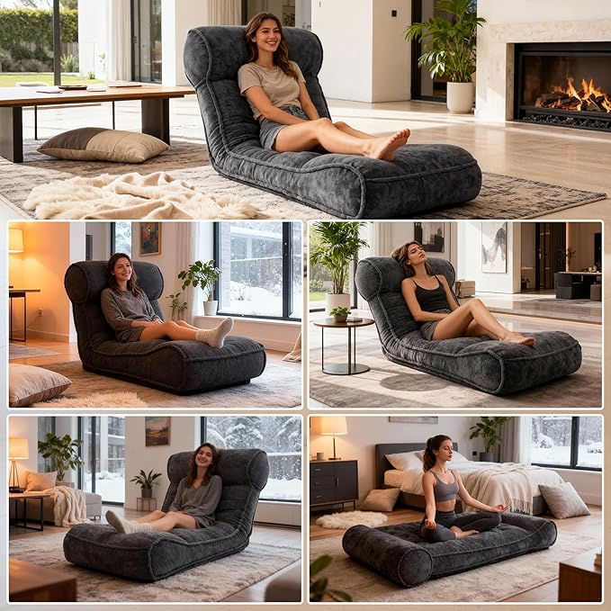 Dineli 83'' Floor Chair with Back Support Meditation Chair Couch Recliner w Adjustable Backrest Lazy Floor Lounger Gaming Chair for Adults Sofa Bed Sleeper Chair Chaise Lounge Chair Indoor, Black