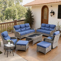 Belord Luxury 6" Thick Cushioned 8 Pieces Patio Furniture Set with Outdoor Couch, Wicker Outdoor Conversation Set with High Back Swivel Rocker Chairs for Deck Porch Yard and Poolside - Grey+Blue