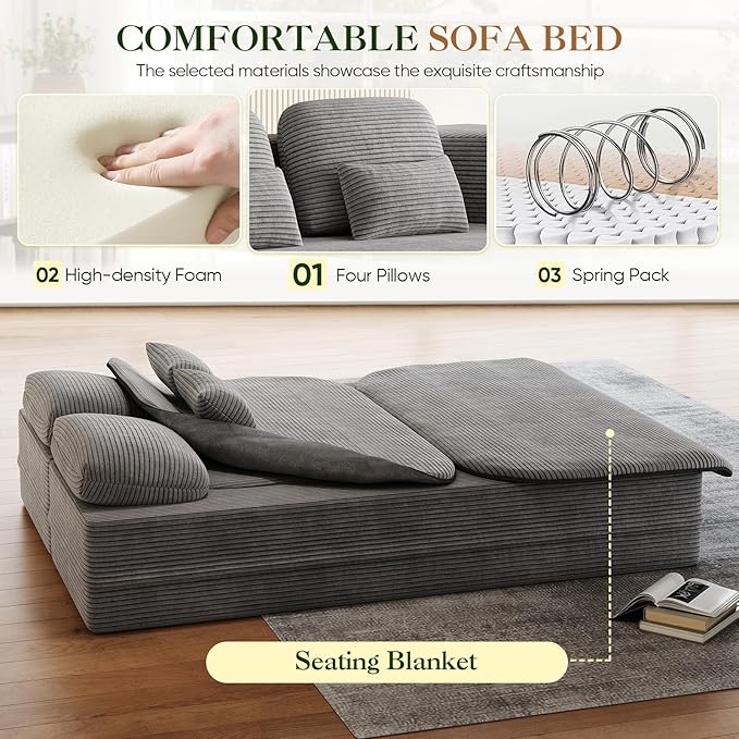 Antetek Convertible Sleeper Sofa, Modern Folding Futon Corduroy Floor Foam Compression Loveseat Sofa Bed Couch, Foldable Full Size Guest Bed with 4 Pillows for Living Room Bedroom Apartment, Grey