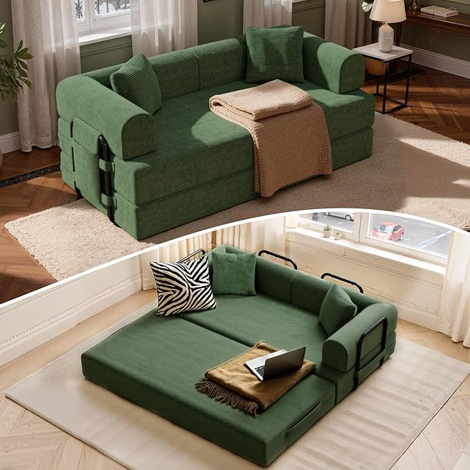 Convertible Corduroy Sleeper Sofa Bed with Cylindrical Pillows,Convertible Mattress Sofa with Fixed Shape Frame, Living Room Bedroom Lounge Studio Use Floor Sofa Lounge,Green