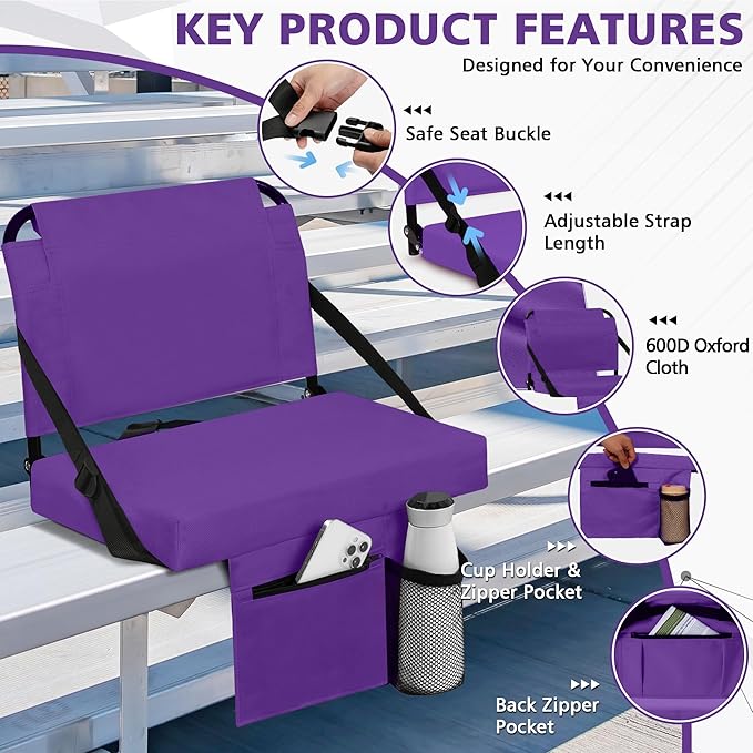 Stadium Seat for Bleachers with Back Support and Wide Padded Cushion Stadium Chair - Includes Shoulder Strap and Cup Holder