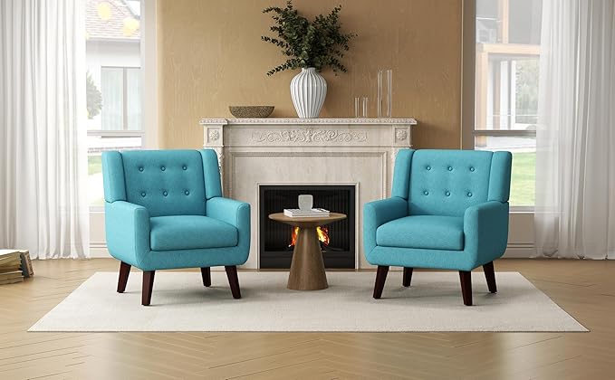 Accent Chair Set of 2, Mid-Century Modern Upholstered Living Room Armchair, Comfy Linen Fabric Single Reading Arm Chair with Tufted Back and Wood Legs for Bedroom, Club (2, Lake Blue)