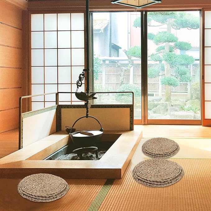 Luxshiny Woven Tatami Floor Cushion Double-Layer 30x30cm Sitting Pad with Reed Grass for Meditation and Yoga, Thick Breathable Seat Mat for Adults, Zen Floor Pillow for Bedroom and Tea Room