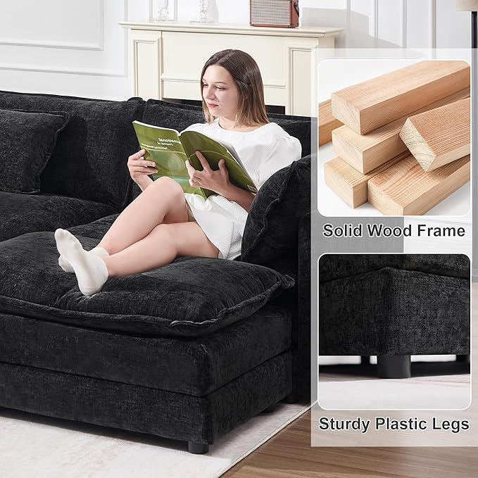 KIVENJAJA Chenille L-Shaped Modular Sectional Sofa, Modern Loveseat Comfy Deep Seat Cloud Couch with Ottoman/Chaise & 4 Pillows for Living Room Office Apartment, 76.7" W, Black