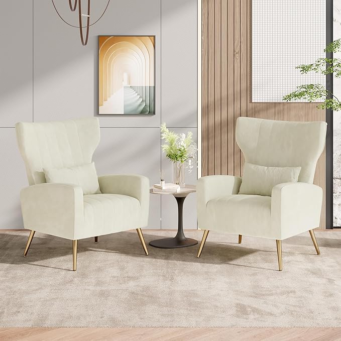 Nalupatio Modern Accent Chairs for Set of 2 Upholstered Velvet Fabric Reading Chair Mid Century Arm Chair Comfy Armchair for Living Room,Beige