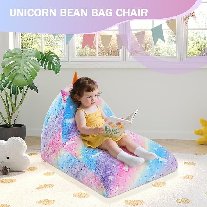 COMAX Unicorn Bean Bag Chairs for Kids 8-12, Kid Beanbag Chair with Filler, Big Toddler Lounge Bean Chair, Children Lazy Floor Lounger for Girls Boys, Glowing Rainbow