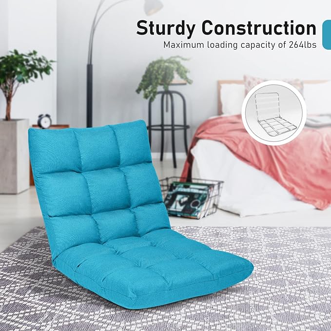 COSTWAY Peacock Blue Folding Gaming Chair, Adjustable 14-Position Floor Sofa with Back Support, Alloy Steel Frame, Lazy Sofa Lounge for Playing, Reading, Meditating, Recliner for Adults, Kids