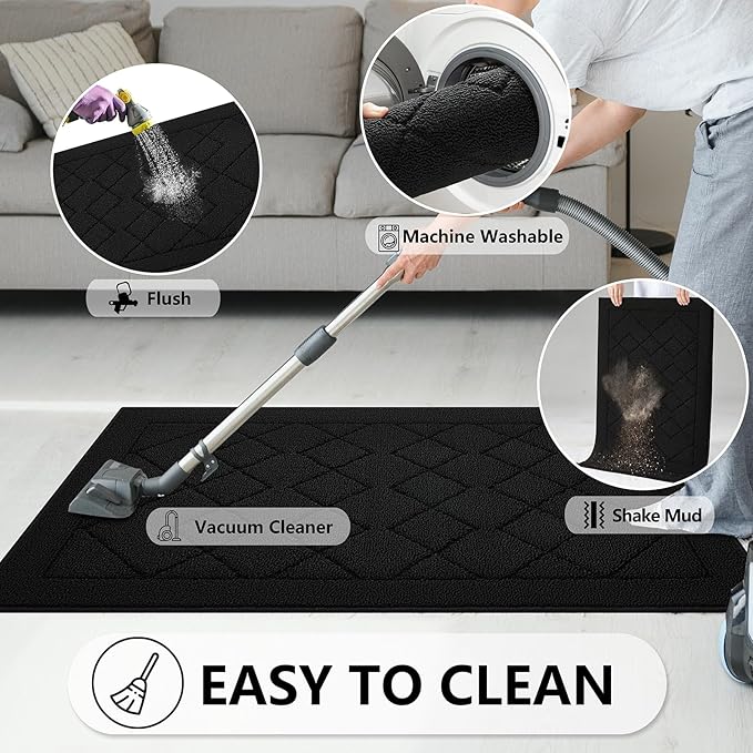 REFETONE Indoor Doormat, Front Back Door Mat 32"x40" Rubber Backing Non Slip Mats, Absorbent Washable Entrance Doormat for Entryway, Resist Dirt Low-Profile Inside Floor Mat for Muddy Shoes, Black