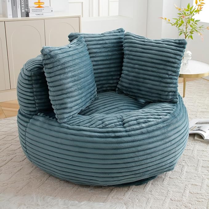 Bean Bag Chair, Corduroy Oversized Chair for Adults, Comfy Big Accent Sofa Lounge Floor Chair, Stuffed Bean Bag Couch for Gaming, Reading, Living Room, Bedroom, Turquoise