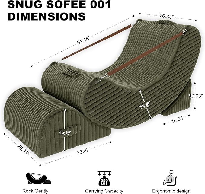 Gaint Bean Bag Chairs for Adults, Beanbag Lounge Filled with Memory Foam, Adjustable Angle, Corduroy Fabric, with Detachable Footrest for Bedroom, Living Room and Nursery(Olive Green)