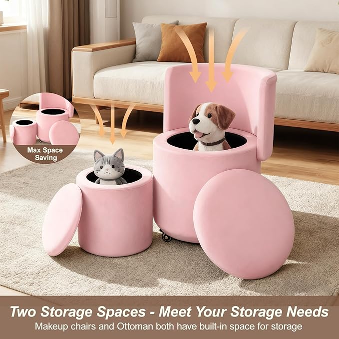 Rolling Round Vanity Chair with Storage, Swivel Makeup Chair with Folding Back, PU Leather Small Upholstered Ottoman for Bedroom Living Room