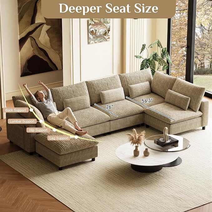 130" W x 67" D U Shape Sectional Sofa with USB Charging & Cup Holder & Storage, 6 Seater Plush Corduroy Couches with Movable Ottoman, Cloud Couch Sofas for Living Room, DIY Combination - Light Camel