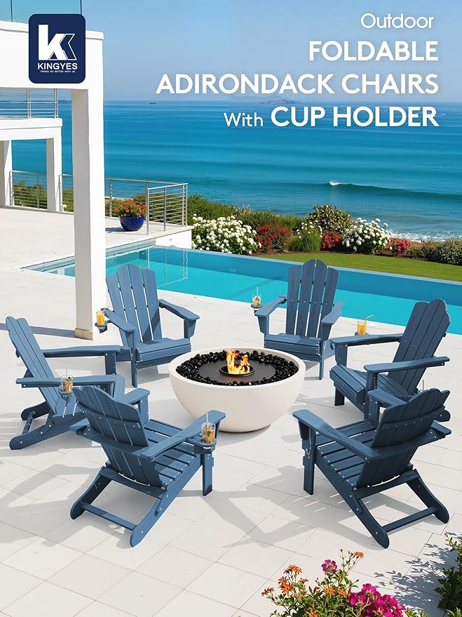 KINGYES Folding Adirondack Chair Set of 8, HDPE All-Weather Patio Chairs with Cup Holder, Wooden Textured Fire Pit Chairs for Poolside, Backyard, Deck, Navy